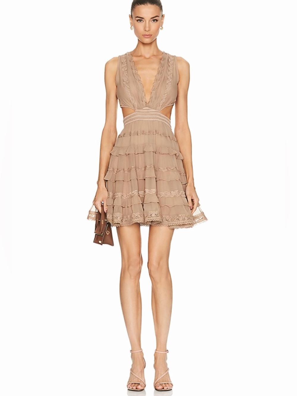 Rococo Sand Tessa Mini Dress Tan Cutout Ruffle Embroidered Trim Boho Size M